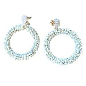 White Beaded Hoop Drop Earings Pierced Front Facing Beaded Hoops